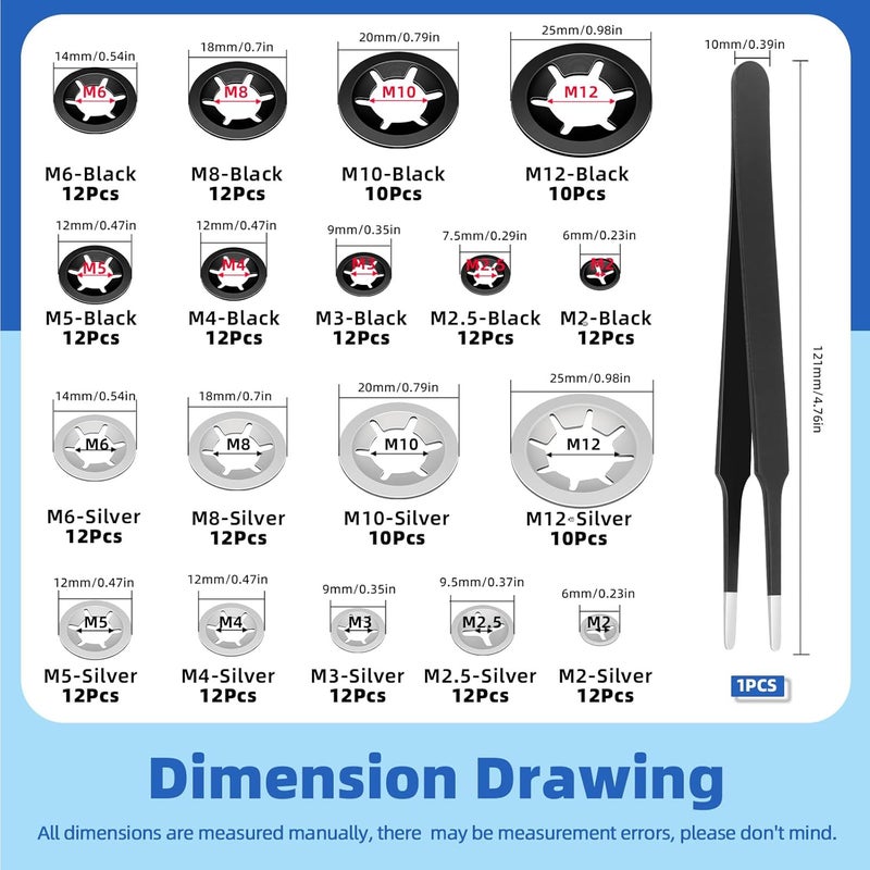 Glarks 209pcs 65Mn-Steel Internal Tooth Star Lock Washer and 304 Stainless Steel Quick Speed Locking Washer Assortment Kit 9 Sizes Push on Locking Washers with Tweezers for Machinery Manufacturing - Image 2
